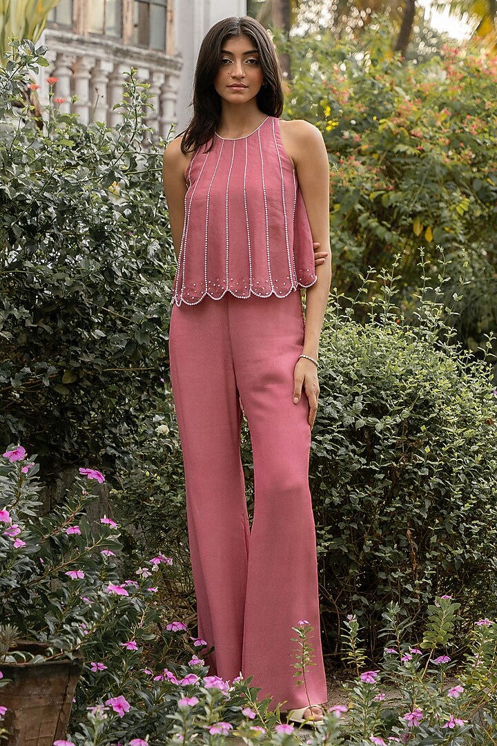 Onion Pink Pure Silk Organza Pearl Embellished Co-Ord Set by Parshya at Pernia's Pop Up Shop