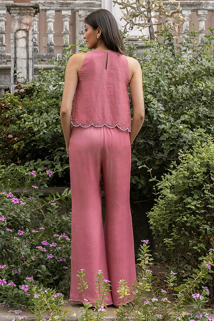 Onion Pink Pure Silk Organza Pearl Embellished Co-Ord Set by Parshya at Pernia's Pop Up Shop