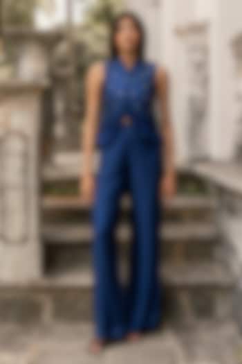 Royal Blue Viscose Flat Silk Floral Embellished Co-Ord Set by Parshya at Pernia's Pop Up Shop