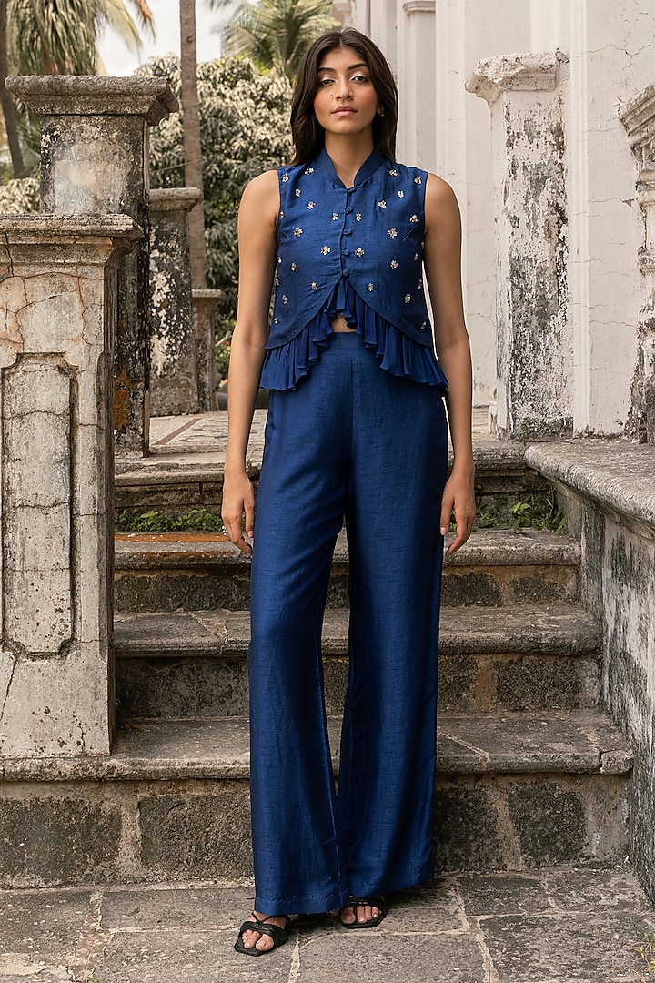 Royal Blue Viscose Flat Silk Floral Embellished Co-Ord Set by Parshya at Pernia's Pop Up Shop