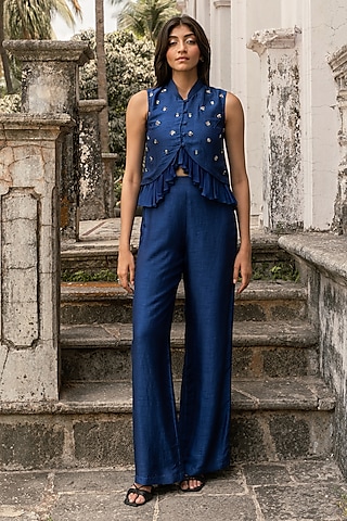 Royal Blue Viscose Flat Silk Floral Embellished Co-Ord Set by Parshya