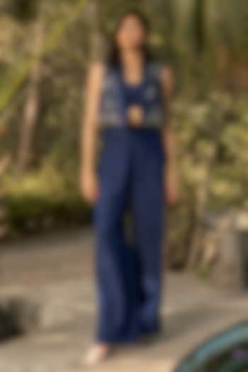 Midnight Blue Banarasi Silk Jacquard Embellished Co-Ord Set by Parshya at Pernia's Pop Up Shop