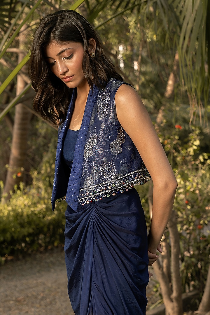 Midnight Blue Banarasi Silk Jacquard Draped Skirt Set by Parshya at Pernia's Pop Up Shop