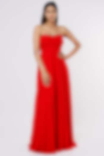 Red Embellished Draped Gown by Parshya
