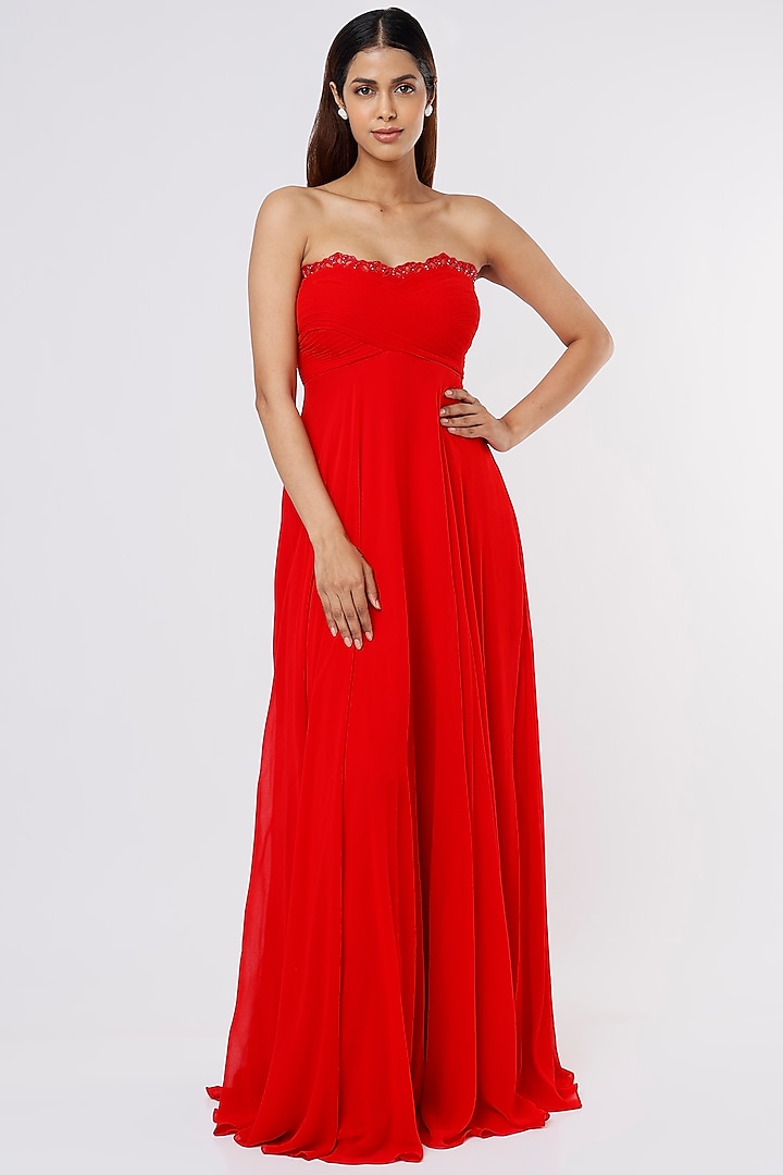 Red Embellished Draped Gown by Parshya
