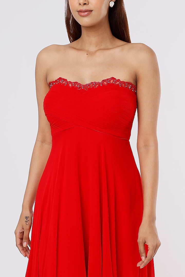 Red Embellished Draped Party Wear Gown by Parshya at Pernia's Pop Up Shop