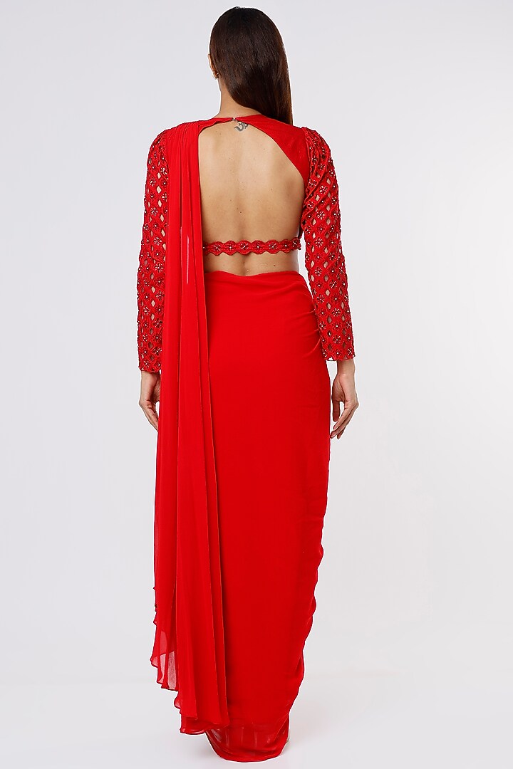 Red Viscose Georgette Cutwork Embellished Pre-Draped Wedding Saree Set by Parshya at Pernia's Pop Up Shop