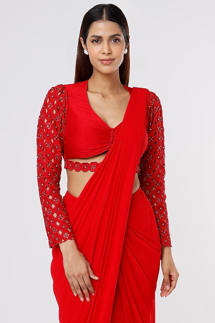 Red Viscose Georgette Cutwork Embellished Pre-Draped Wedding Saree Set by Parshya at Pernia's Pop Up Shop