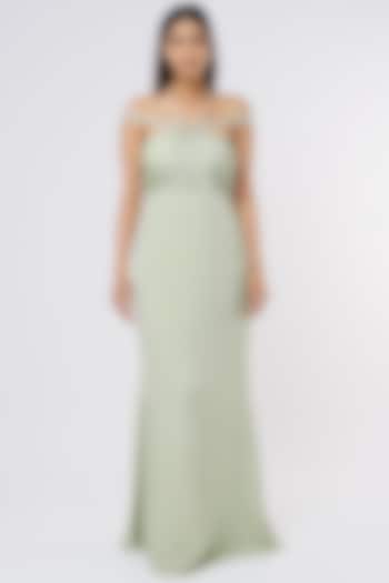 Green Crepe Off-Shoulder Gown by Parshya