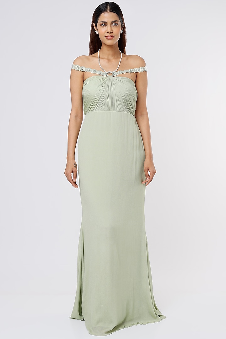 Green Crepe Off-Shoulder Gown by Parshya