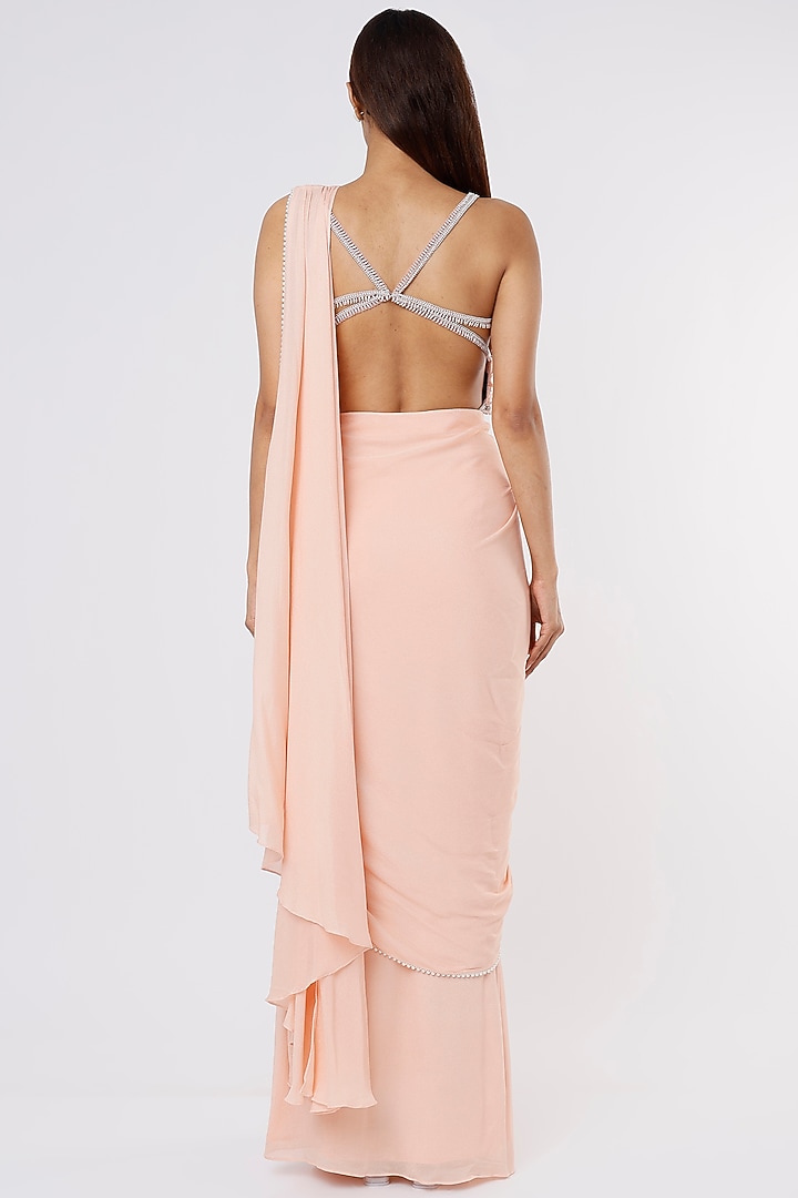 Peony Peach Viscose Crepe Georgette Pre-Draped Wedding Saree Set by Parshya at Pernia's Pop Up Shop