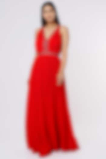Red Embellished Pleated Gown by Parshya