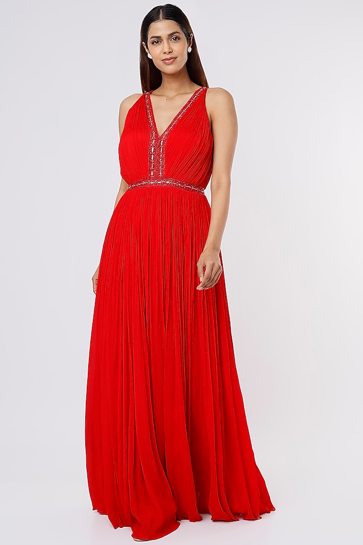 Red Embellished Pleated Gown by Parshya
