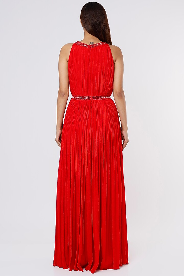 Red Embellished Pleated Party Wear Gown by Parshya at Pernia's Pop Up Shop