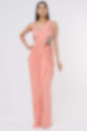 Blush Pink Viscose Georgette Hand & Machine Embellishment Pre-Draped Wedding Saree Set by Parshya at Pernia's Pop Up Shop
