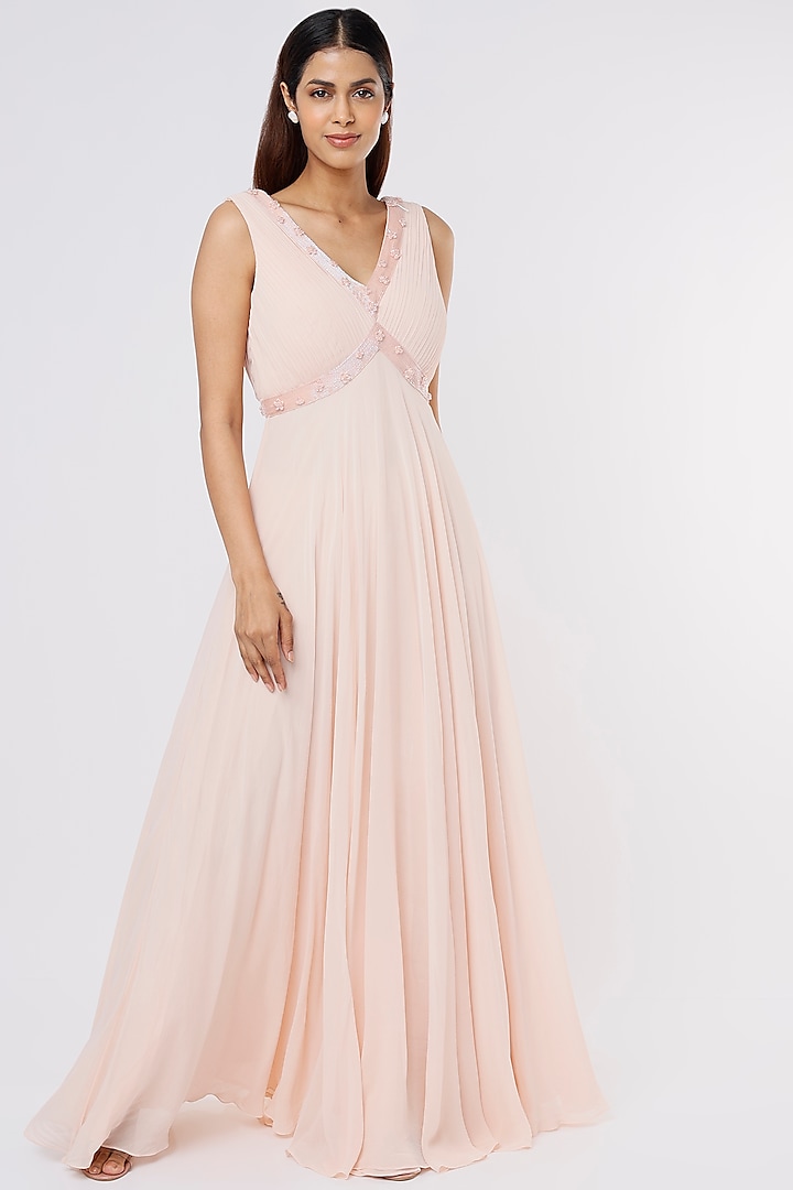 Champagne Embellished Draped Gown by Parshya