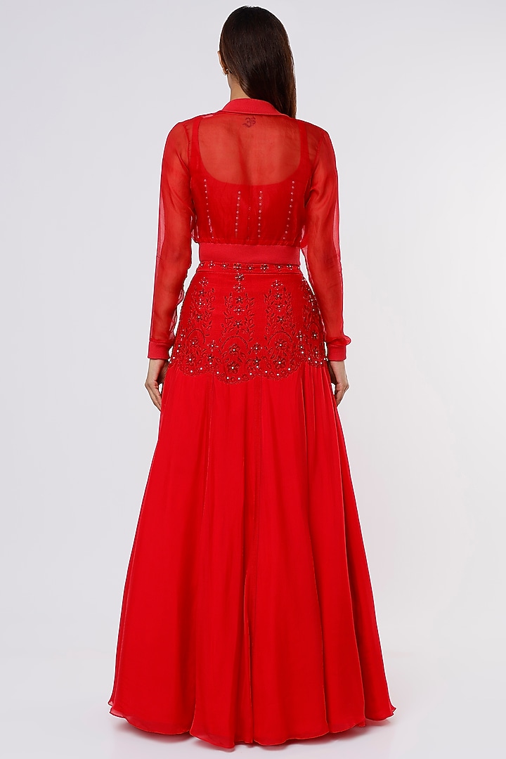 Red Silk Organza Embellished Jacket Wedding Lehenga Set by Parshya at Pernia's Pop Up Shop