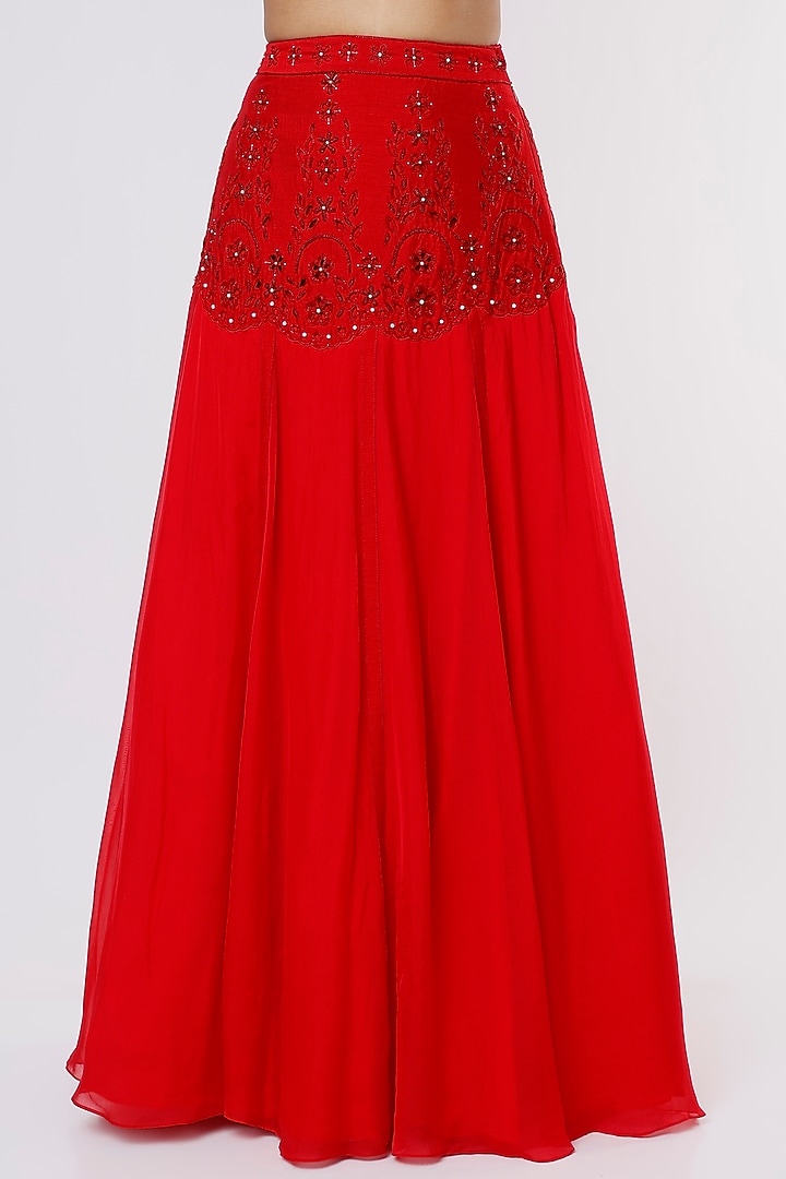 Red Silk Organza Embellished Jacket Wedding Lehenga Set by Parshya at Pernia's Pop Up Shop