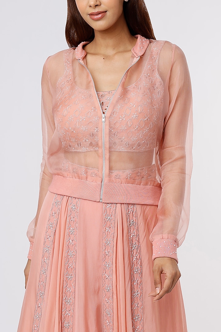 Blush Pink Silk Organza Embellished Jacket Wedding Lehenga Set by Parshya at Pernia's Pop Up Shop