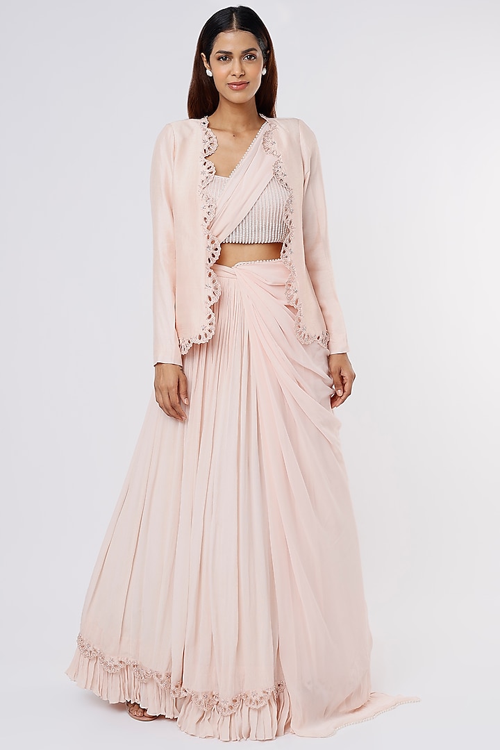 Champagne Viscose Georgette Jacket Wedding Lehenga Set by Parshya at Pernia's Pop Up Shop