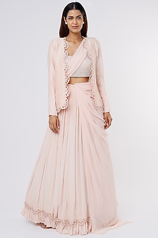 Champagne Viscose Georgette Jacket Lehenga Set by Parshya
