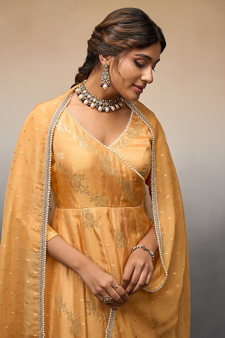 Orange Organza Leheriya Party Wear Anarkali Set by Parshya at Pernia's Pop Up Shop