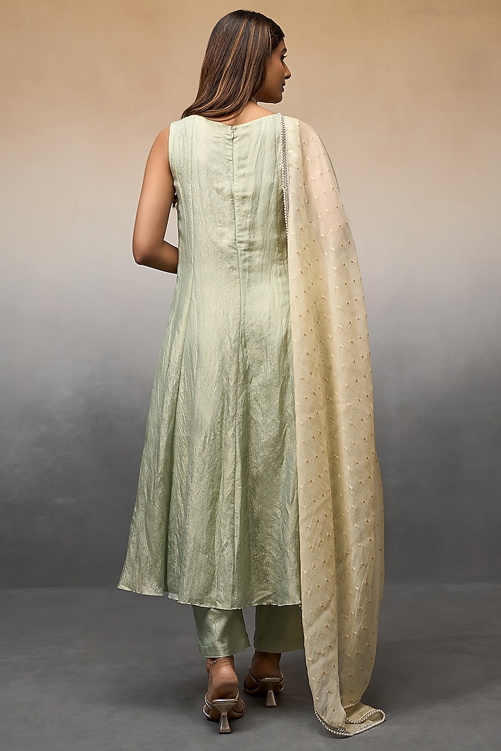 Green Banarasi Crushed Party Wear Anarkali Set by Parshya at Pernia's Pop Up Shop