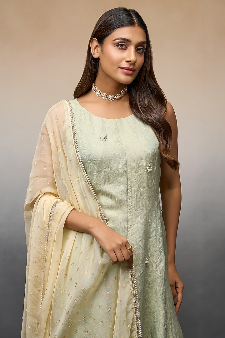 Green Banarasi Crushed Party Wear Anarkali Set by Parshya at Pernia's Pop Up Shop