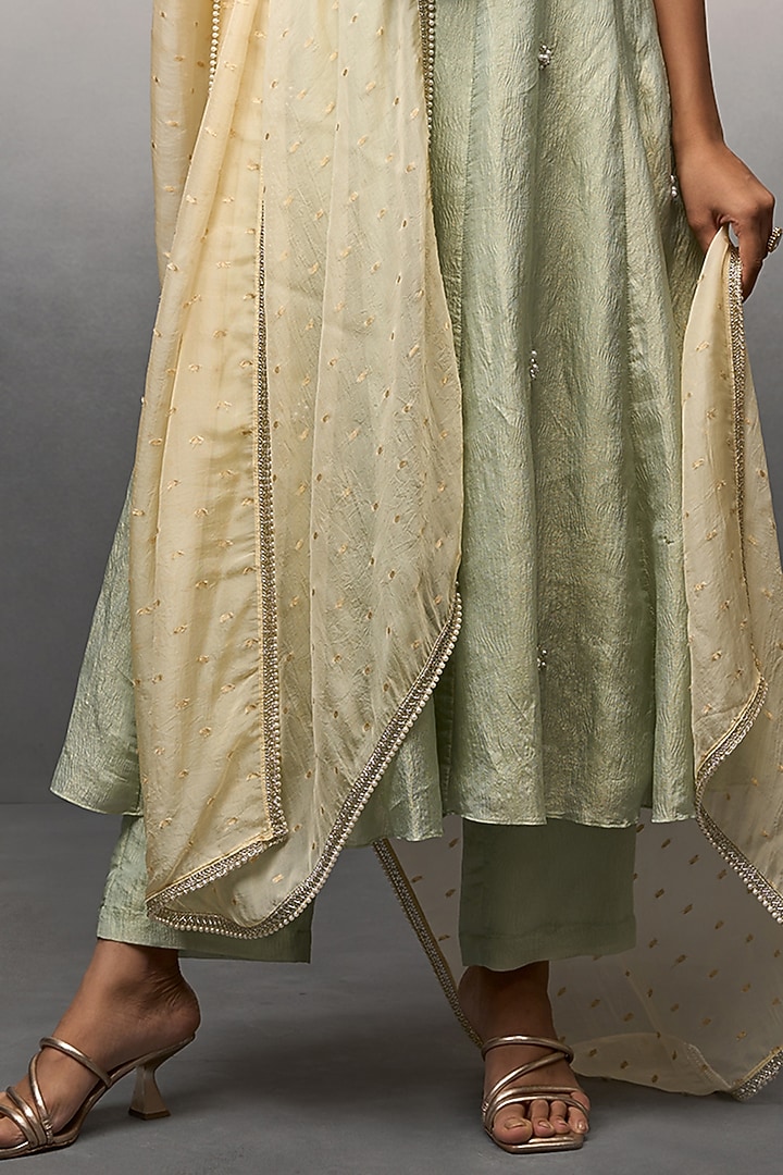 Green Banarasi Crushed Party Wear Anarkali Set by Parshya at Pernia's Pop Up Shop
