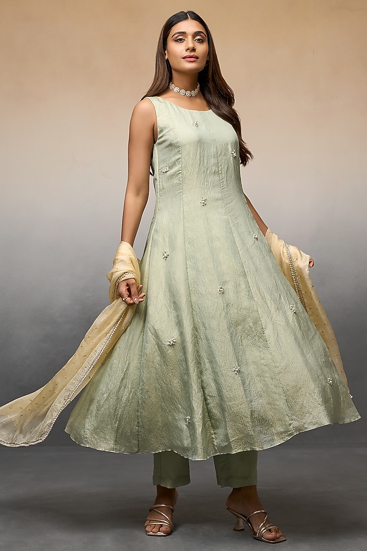 Green Banarasi Crushed Party Wear Anarkali Set by Parshya at Pernia's Pop Up Shop