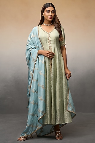 Green Banarasi Crushed Anarkali Set by Parshya