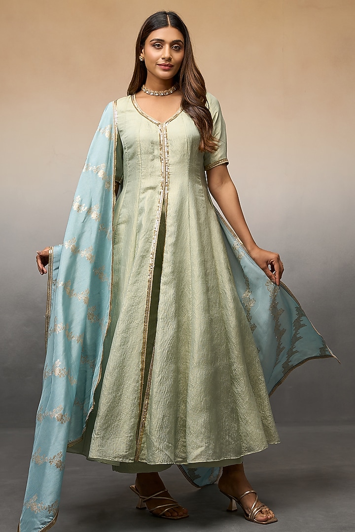 Green Banarasi Crushed Party Wear Anarkali Set by Parshya at Pernia's Pop Up Shop