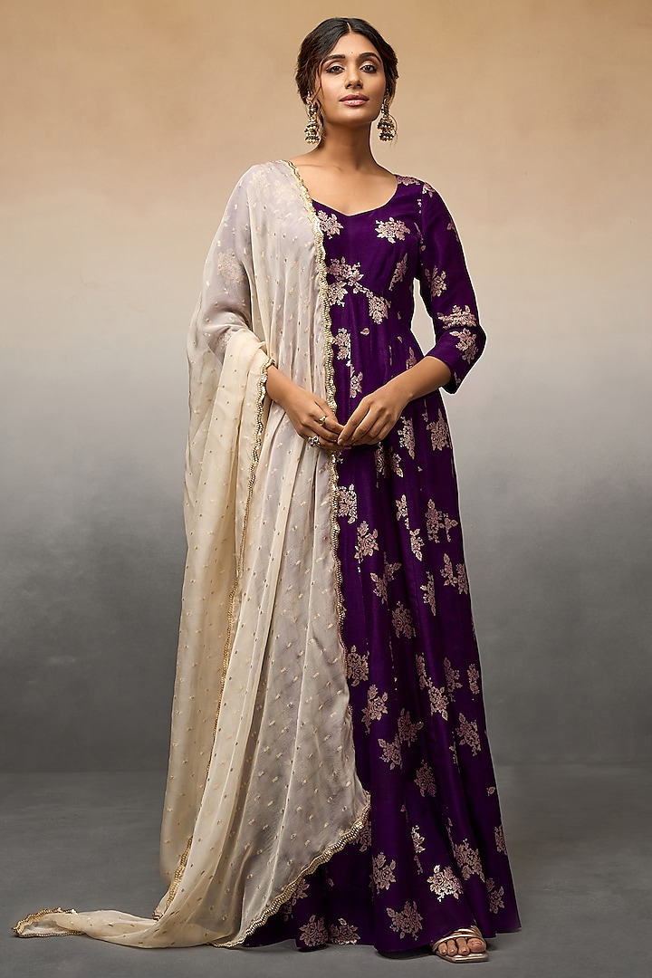 Purple Banarasi Anarkali Set by Parshya at Pernia's Pop Up Shop