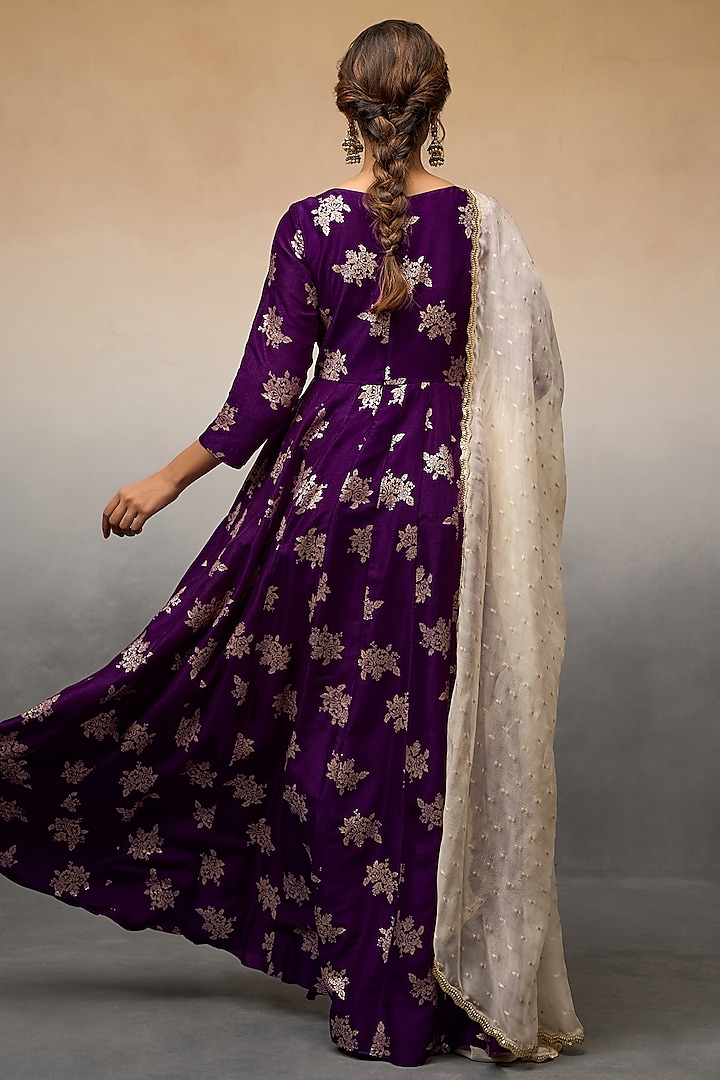 Purple Banarasi Party Wear Anarkali Set by Parshya at Pernia's Pop Up Shop