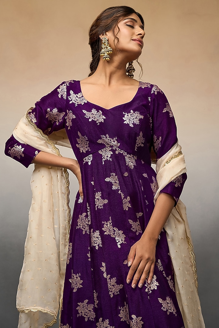 Purple Banarasi Party Wear Anarkali Set by Parshya at Pernia's Pop Up Shop