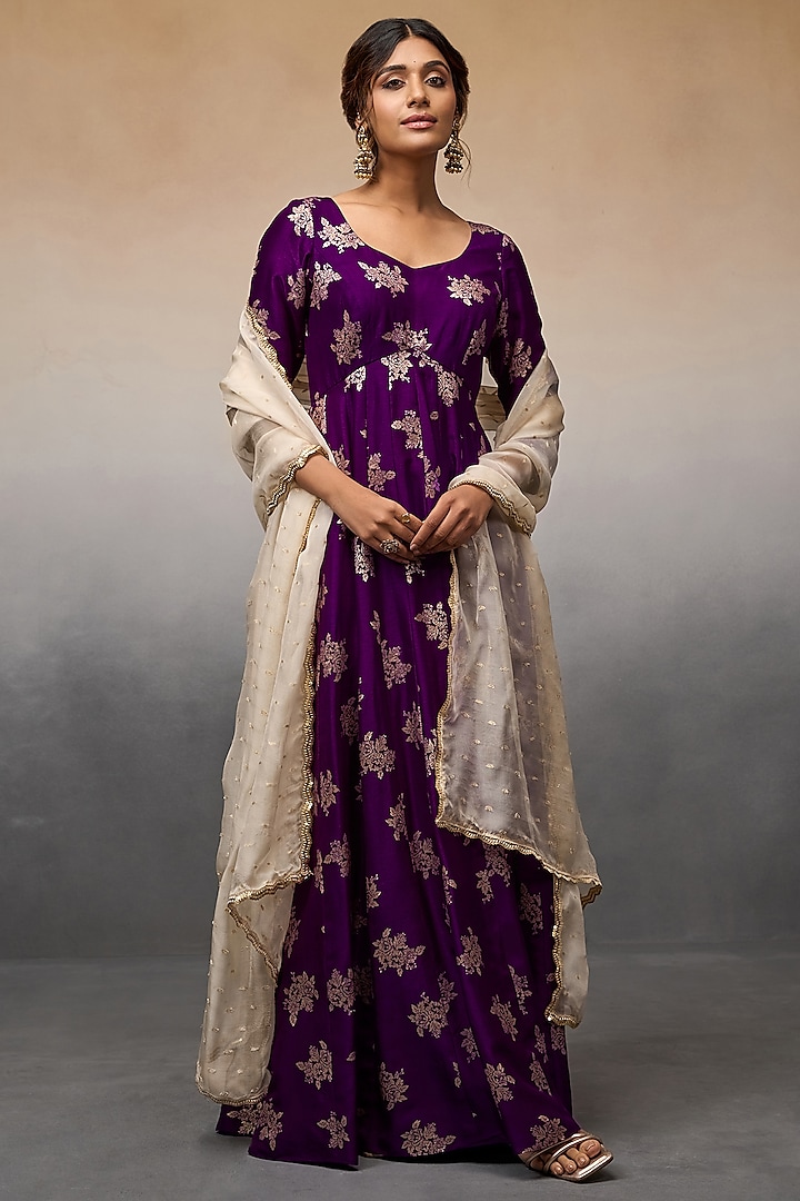 Purple Banarasi Party Wear Anarkali Set by Parshya at Pernia's Pop Up Shop