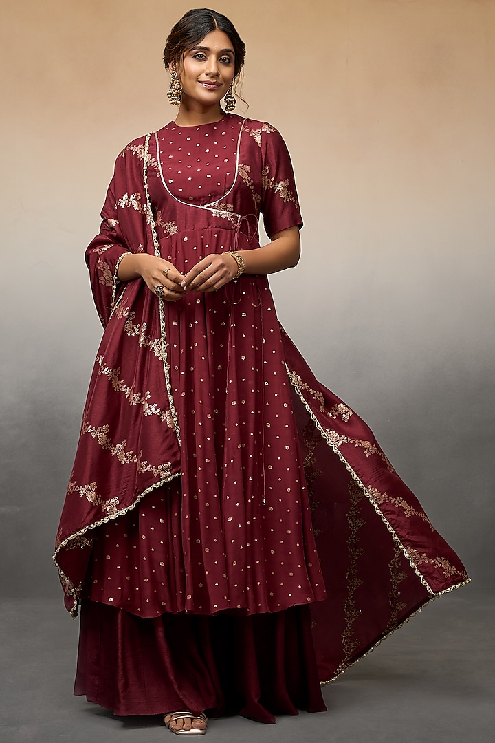 Maroon Georgette Leheriya Anarkali Set by Parshya