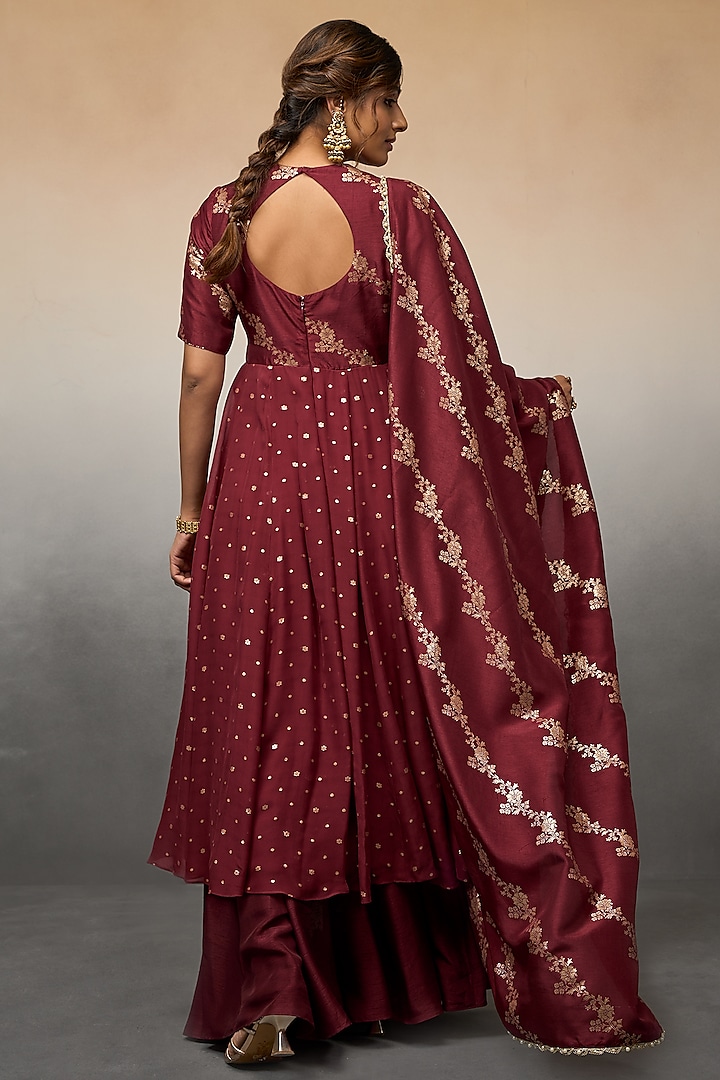 Maroon Georgette Leheriya Party Wear Anarkali Set by Parshya at Pernia's Pop Up Shop