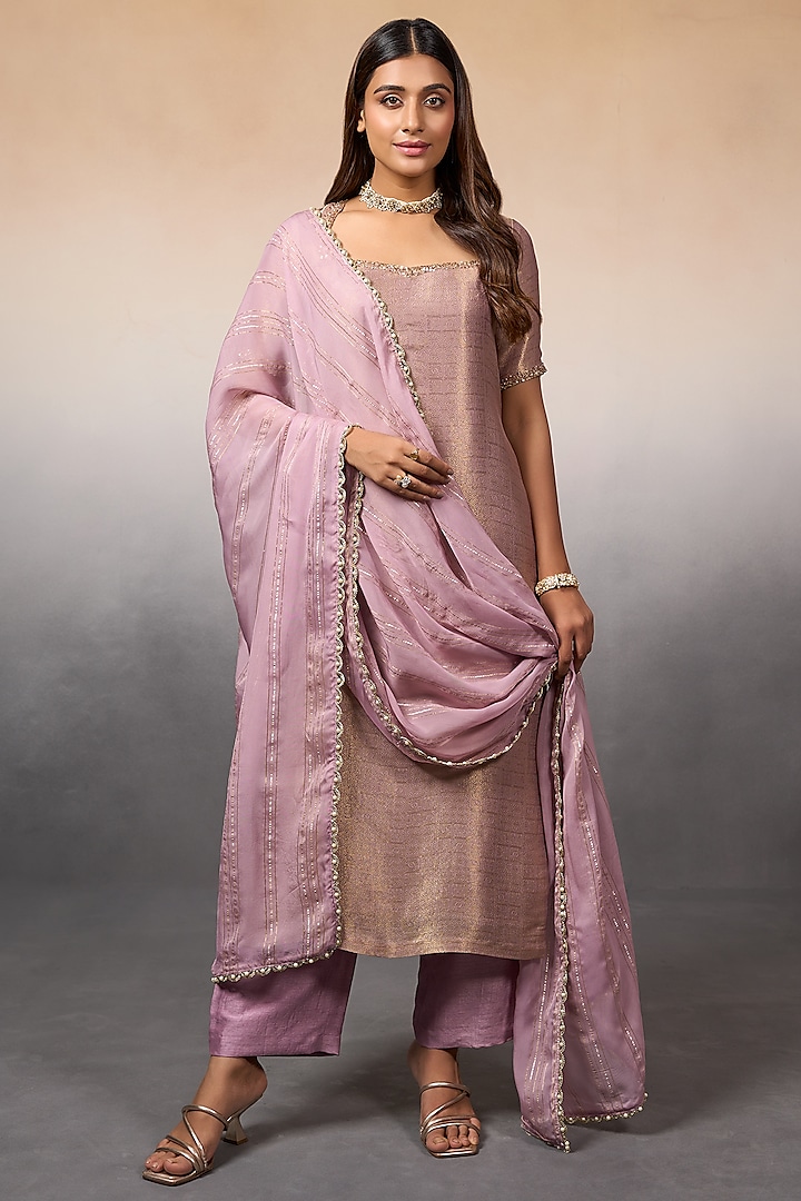 Lilac Tissue Checkered Kurta Set by Parshya at Pernia's Pop Up Shop