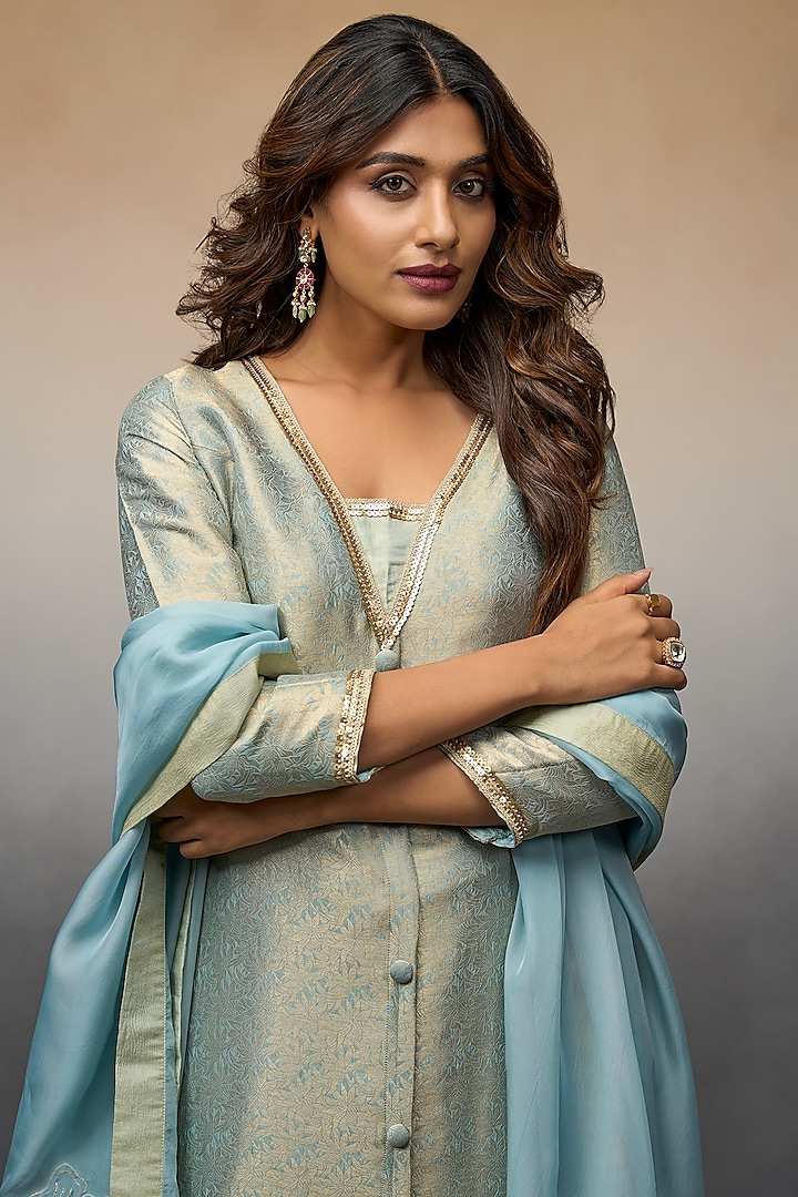 Blue Tissue Kurta Set by Parshya at Pernia's Pop Up Shop