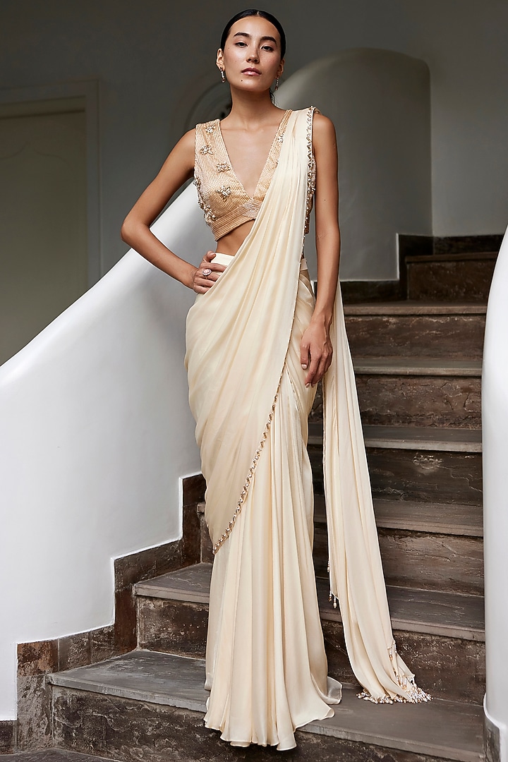 Sand Viscose Georgette Satin Hand Embroidered Pre-Draped Wedding Saree Set by Parshya at Pernia's Pop Up Shop