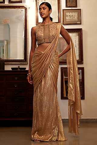 Antique Gold Viscose Flat Chiffon Lurex Hand & Machine Embroidered Pre-Draped Saree Set by Parshya