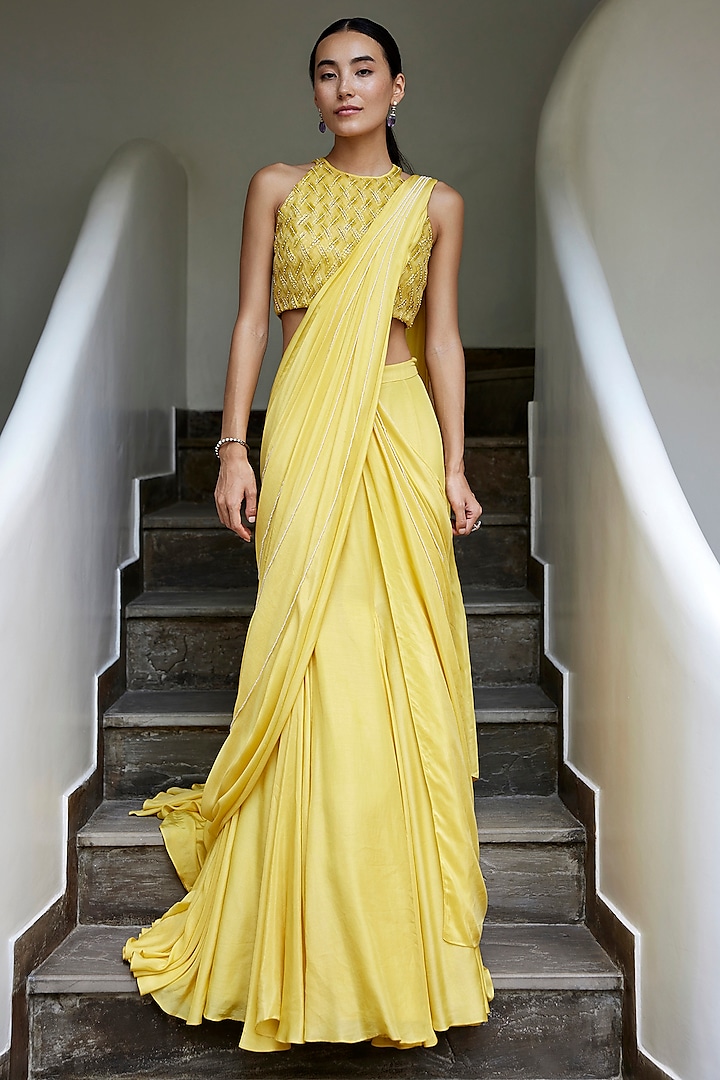 Yellow Viscose Shimmer Satin Pre-Draped Saree Set by Parshya