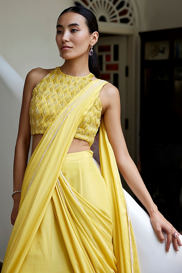 Yellow Viscose Shimmer Satin Pre-Draped Wedding Saree Set by Parshya at Pernia's Pop Up Shop