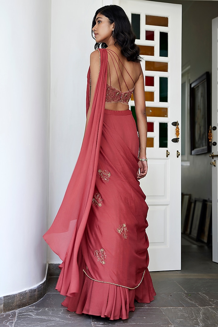Rust Viscose Crepe Georgette Pre-Draped Wedding Saree Set by Parshya at Pernia's Pop Up Shop