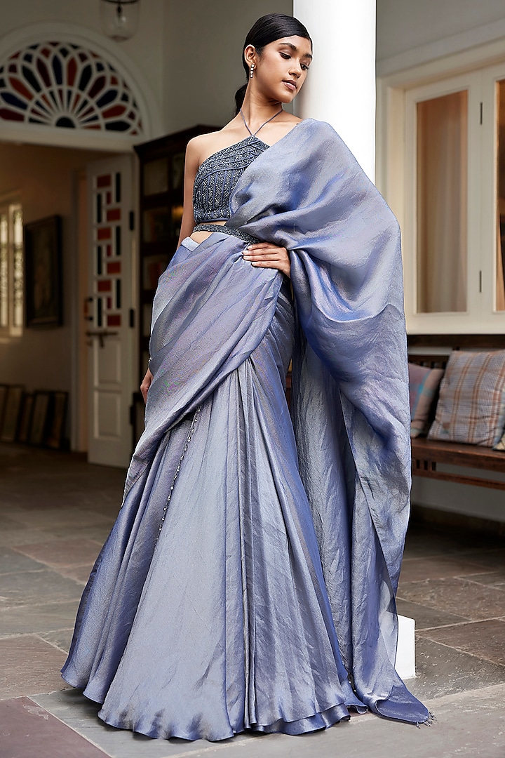 Grey Viscose Tissue Pre-Draped Saree Set by Parshya