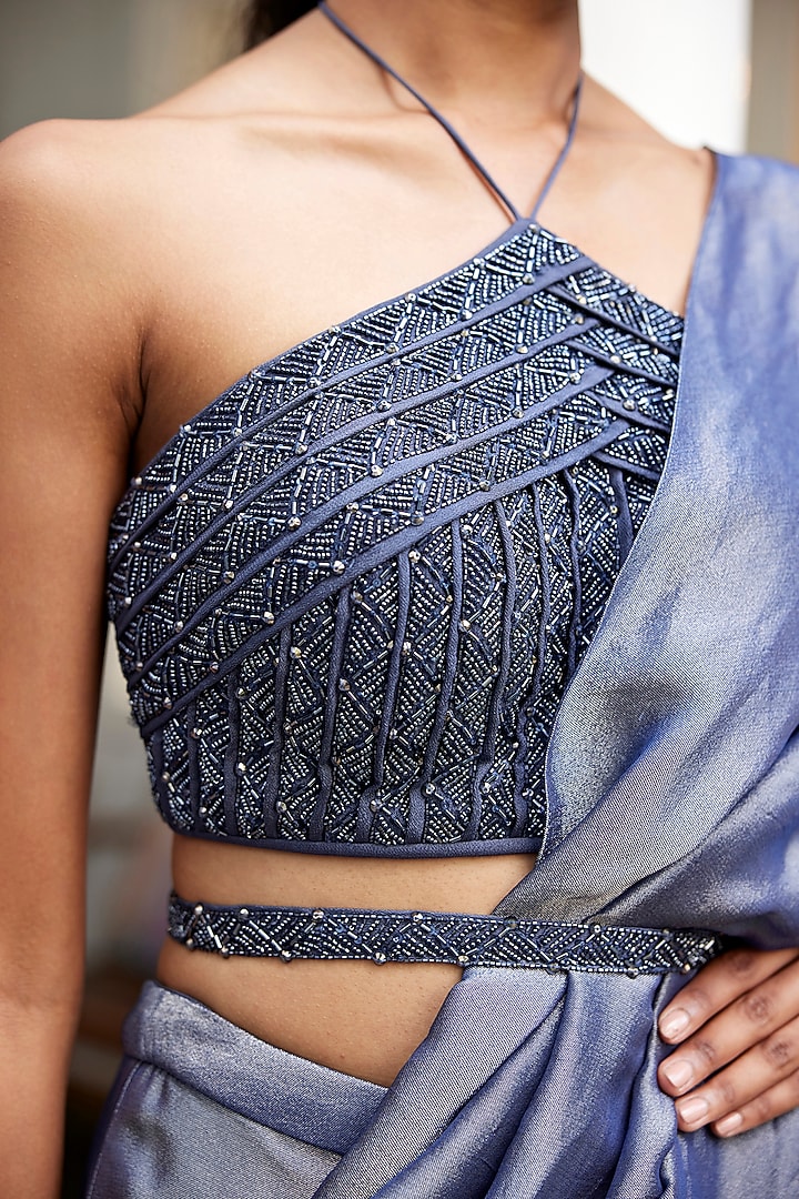 Grey Viscose Tissue Pre-Draped Wedding Saree Set by Parshya at Pernia's Pop Up Shop