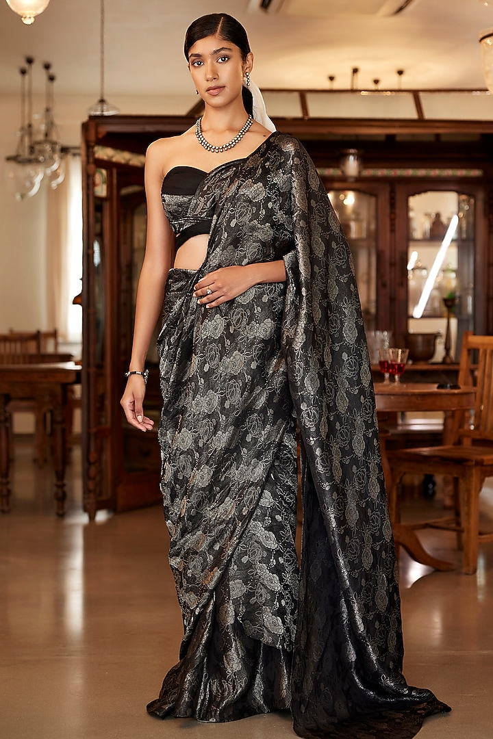 Black Viscose Jacquard Pre-Draped Wedding Saree Set by Parshya at Pernia's Pop Up Shop