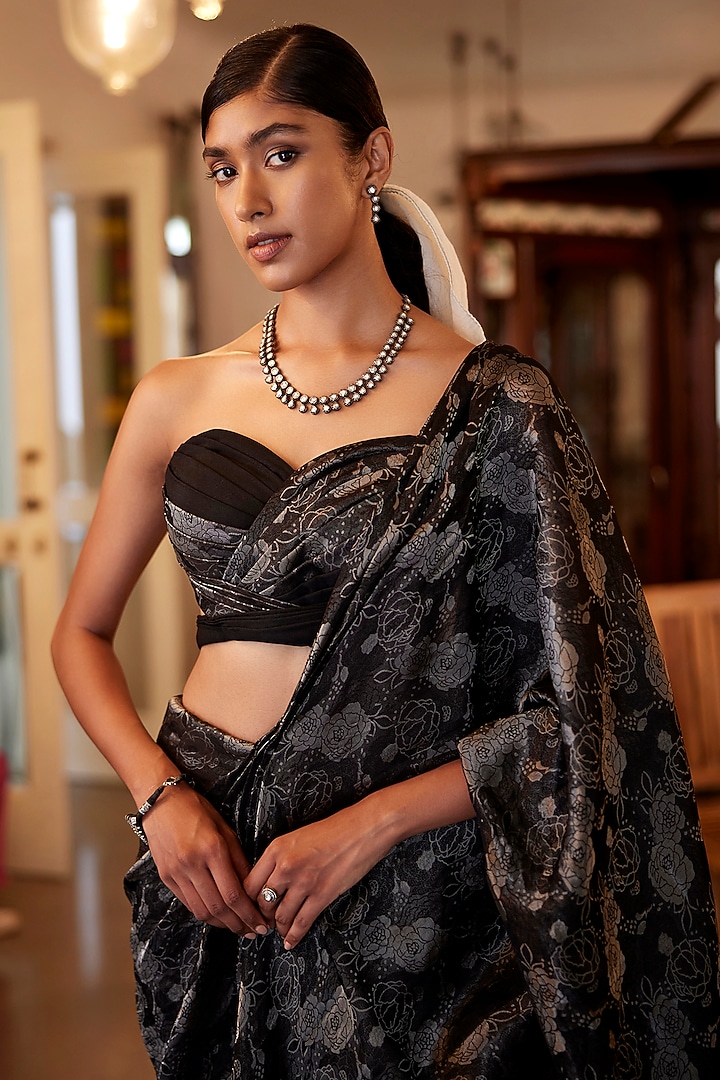 Black Viscose Jacquard Pre-Draped Wedding Saree Set by Parshya at Pernia's Pop Up Shop
