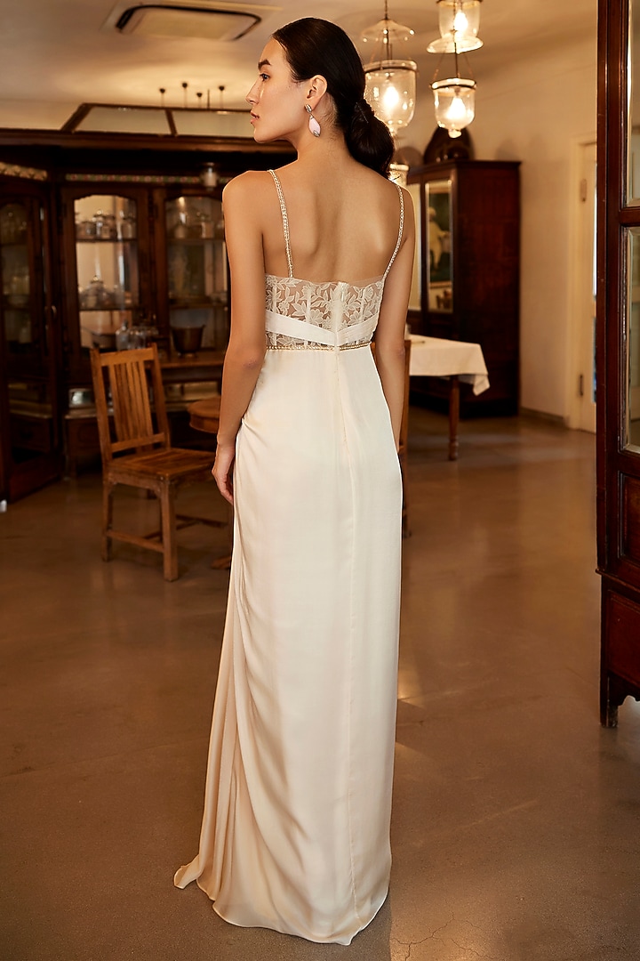 Sand Viscose Georgette Satin Draped Engagement Gown by Parshya at Pernia's Pop Up Shop